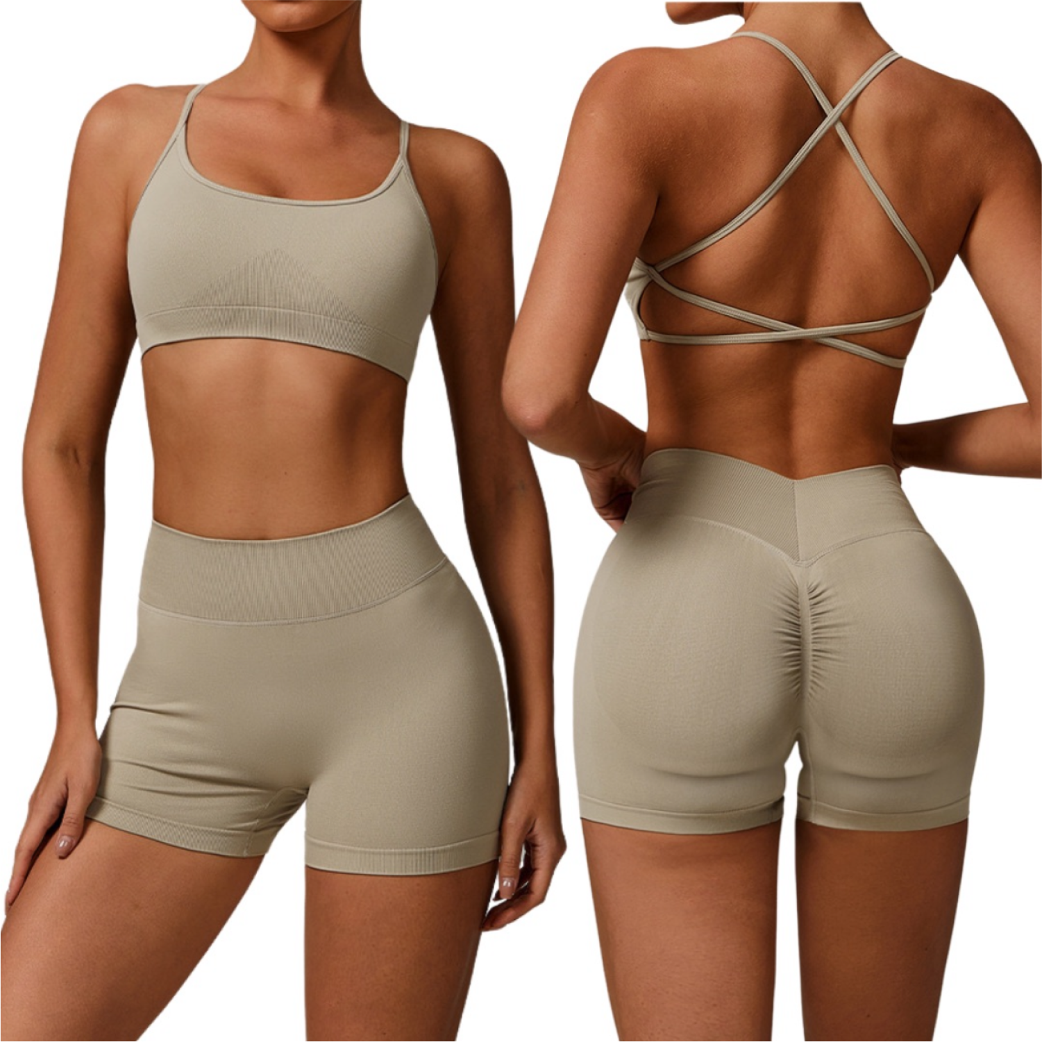 Set Top + Short Semi V Cut Seamless - Beige