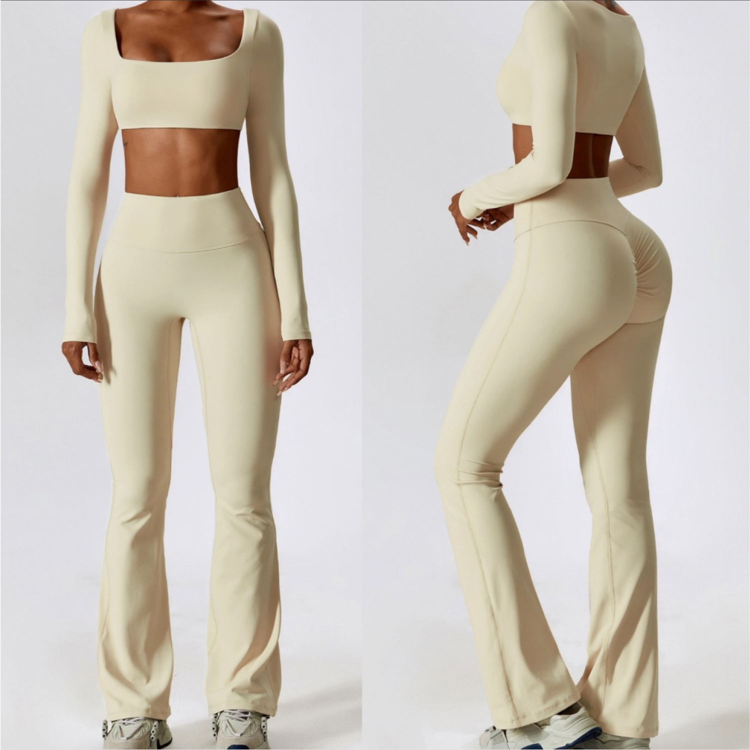 Set Top Manga Larga + Pant Bota Campana - Marfil