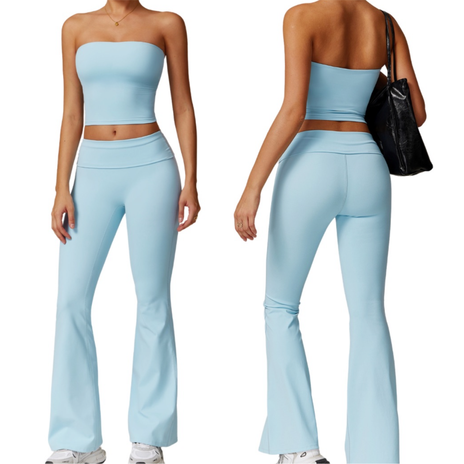 Set Top Strapless + Pant Bota Campana - Celeste